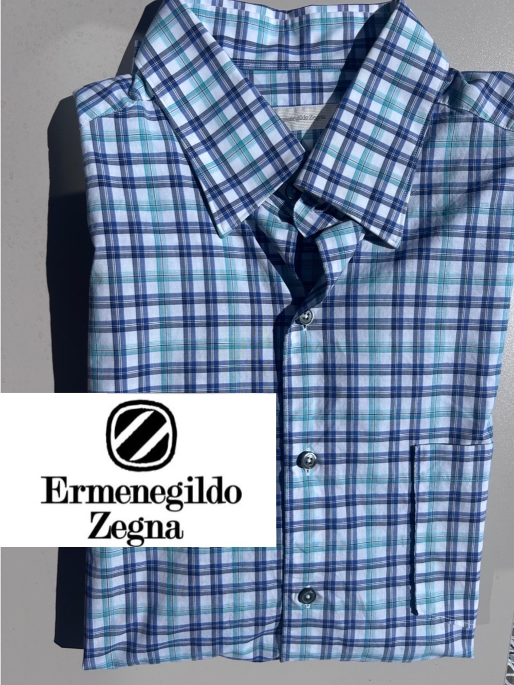 Ermenegildo Zegna Blue and Teal Plaid Button-Down Shirt